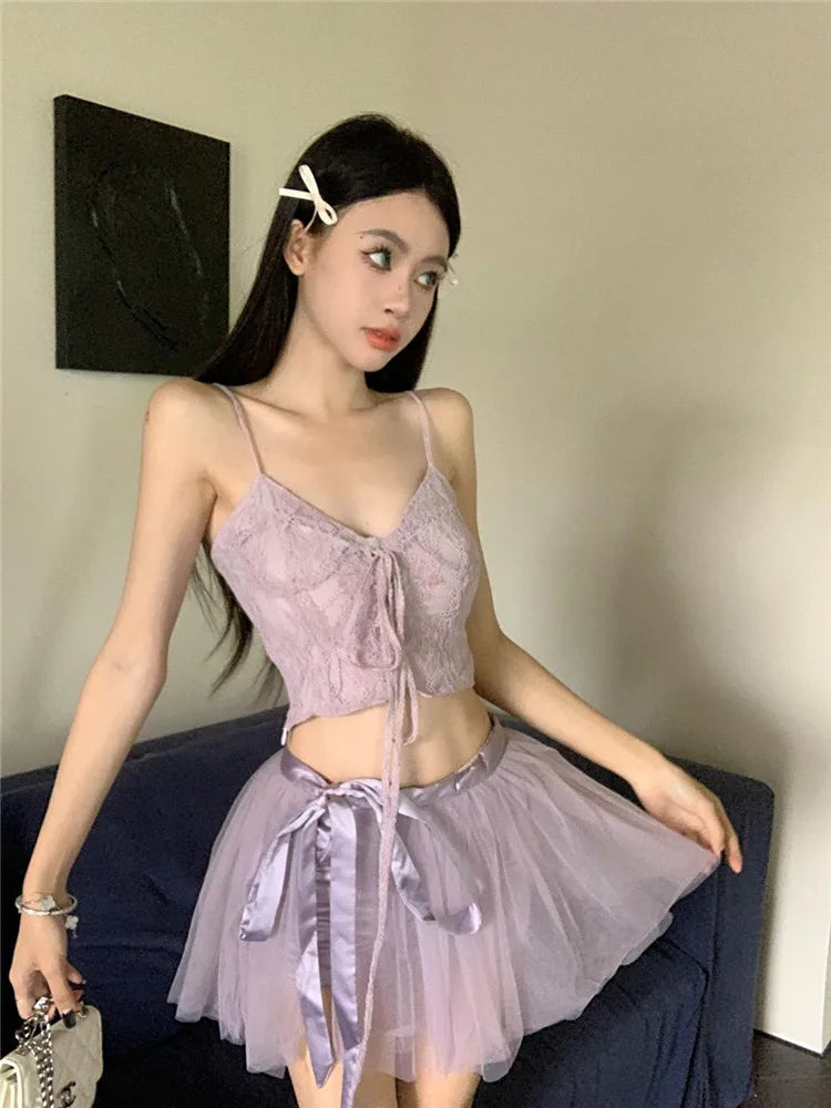 nvxiot - Fashion Pruple Two Pieces Sets V Neck Short Camis Vest Top+Super Mini Mesh Skirt Set New 2024 Summer 2pc Small Girl Dress Suits