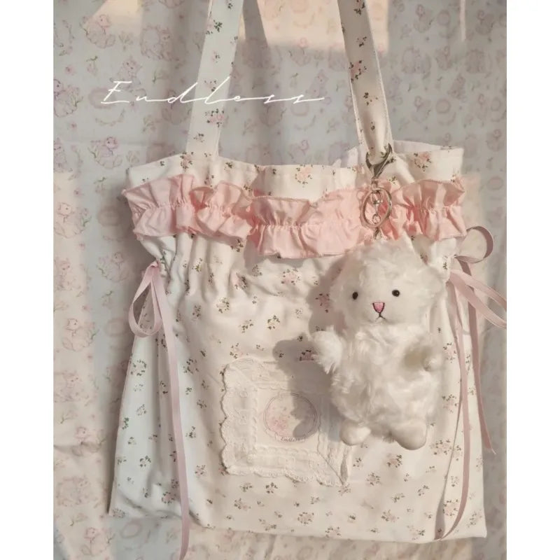 MQTIME - Fairycore Floral White Shoulder Bags Women Sweet Cute Drawstring Canvas Tote Bag Ladies Harajuku Aesthetic Handbag Y2k