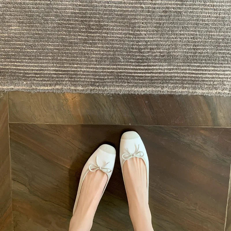 nvxiot - French Sheepskin Square Head Single Shoes Women Soft Bottom Ballet Shallow Mouth Bow Flat Plus Size 34-43 Casual Lolita Shoes