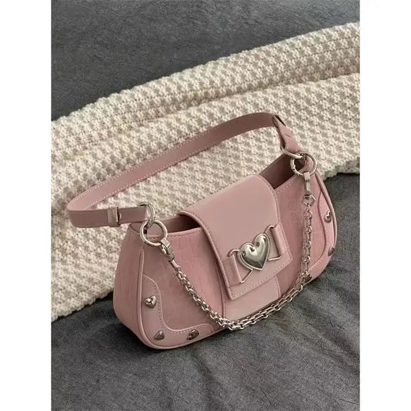 nvxiot - Hot Grils Y2k Handbag Women Vintage Sweet Cool Heart Chain Pink Underarm Bag Female Fairycore Aesthetic Shoulder Bag new