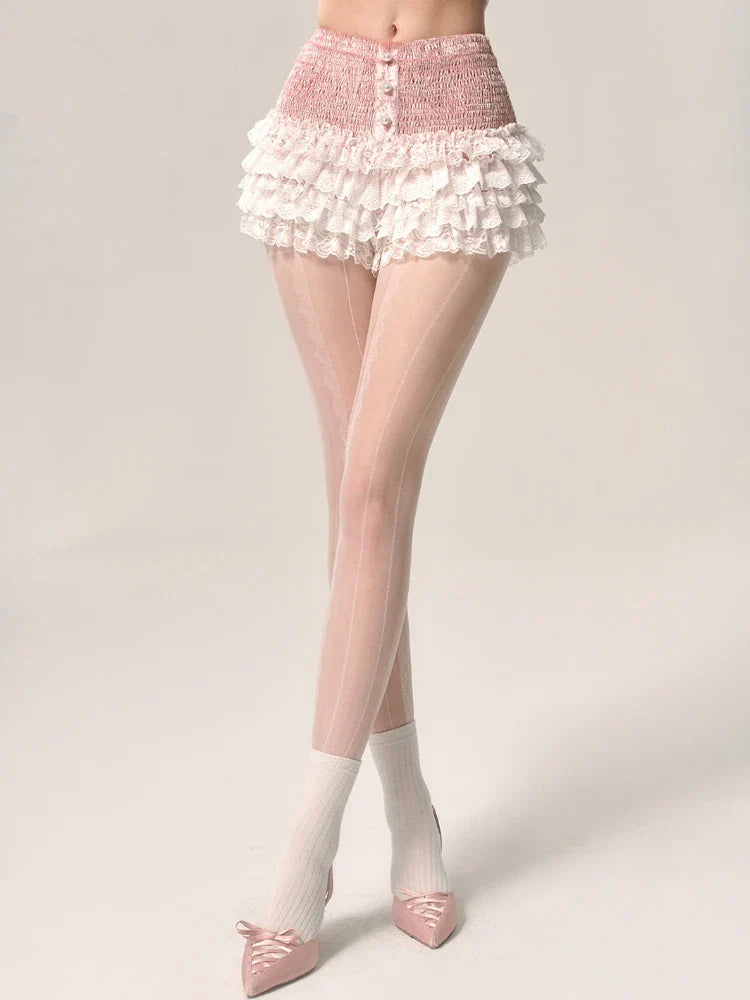MQTIME - Pink Pearl Ruffles Shorts Skirts Women Kawaii A-line Shorts with Lace Ballet Cutecore Summer Sweet Girl Elastic Bottoms