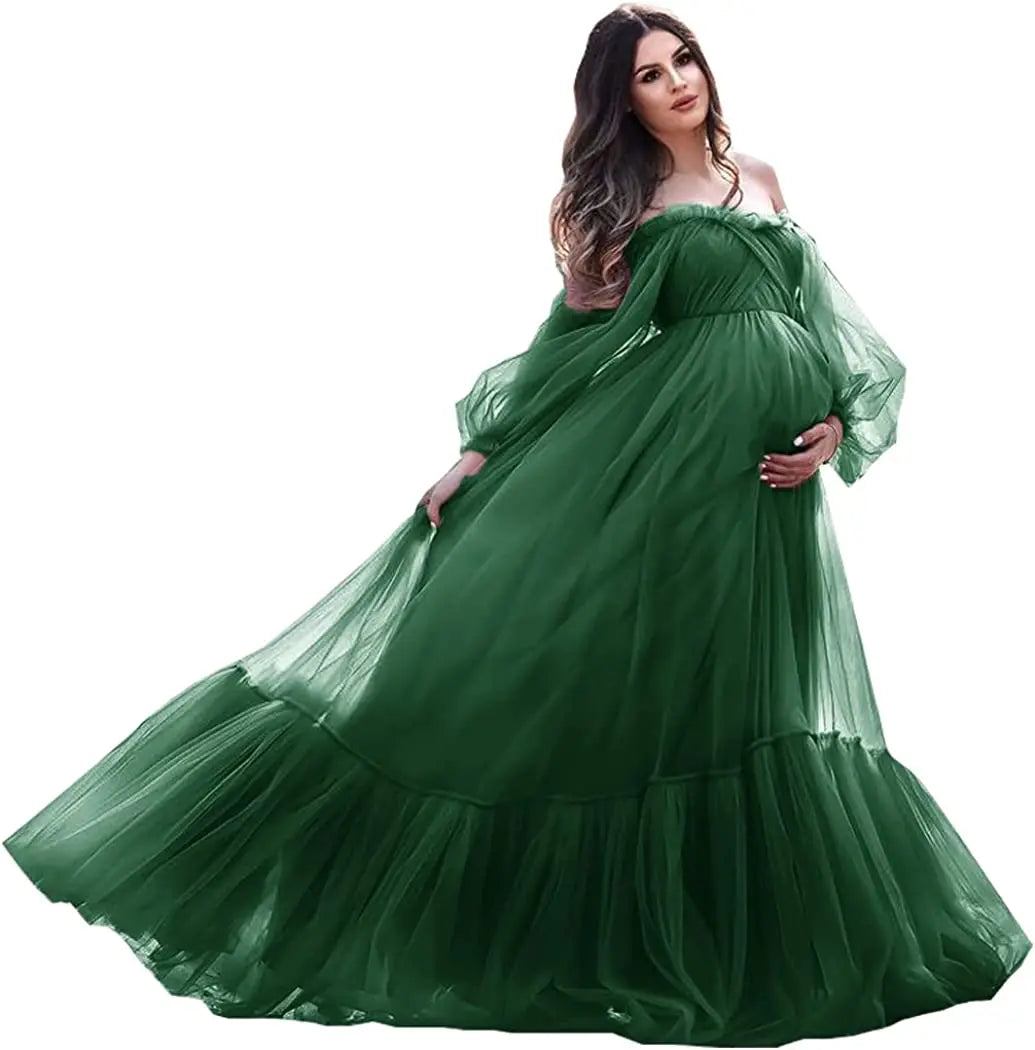 nvxiot - Puffy Sleeve Maternity Dress Tulle Robe With Underskirt for Photoshoot Off Shoulder Pregnancy Baby Shower Gown