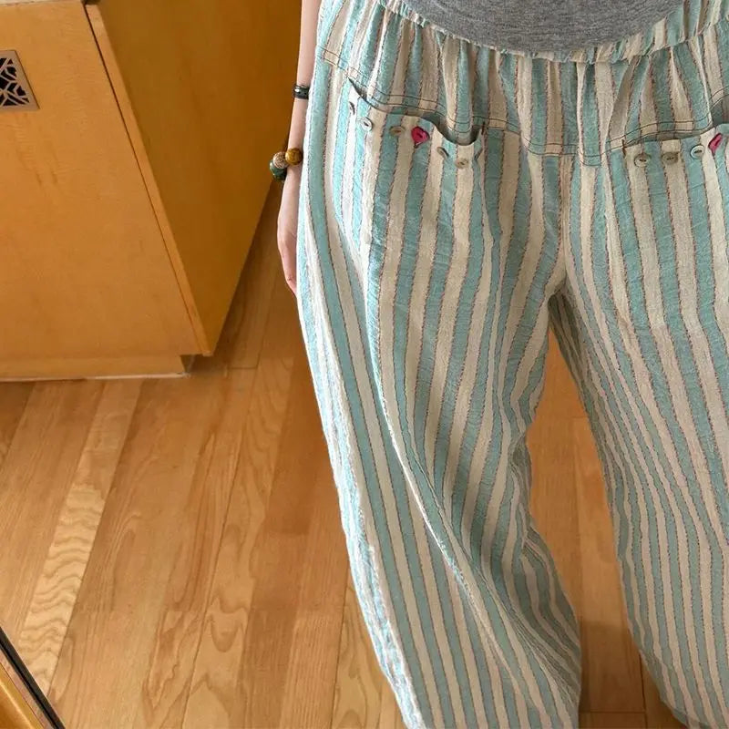 nvxiot - New Korean Fashion Blue Stripe Colorful Shell Buckle Wide Leg Pants for Women Summer High Waist Loose BF Lazy Style Causal Pants