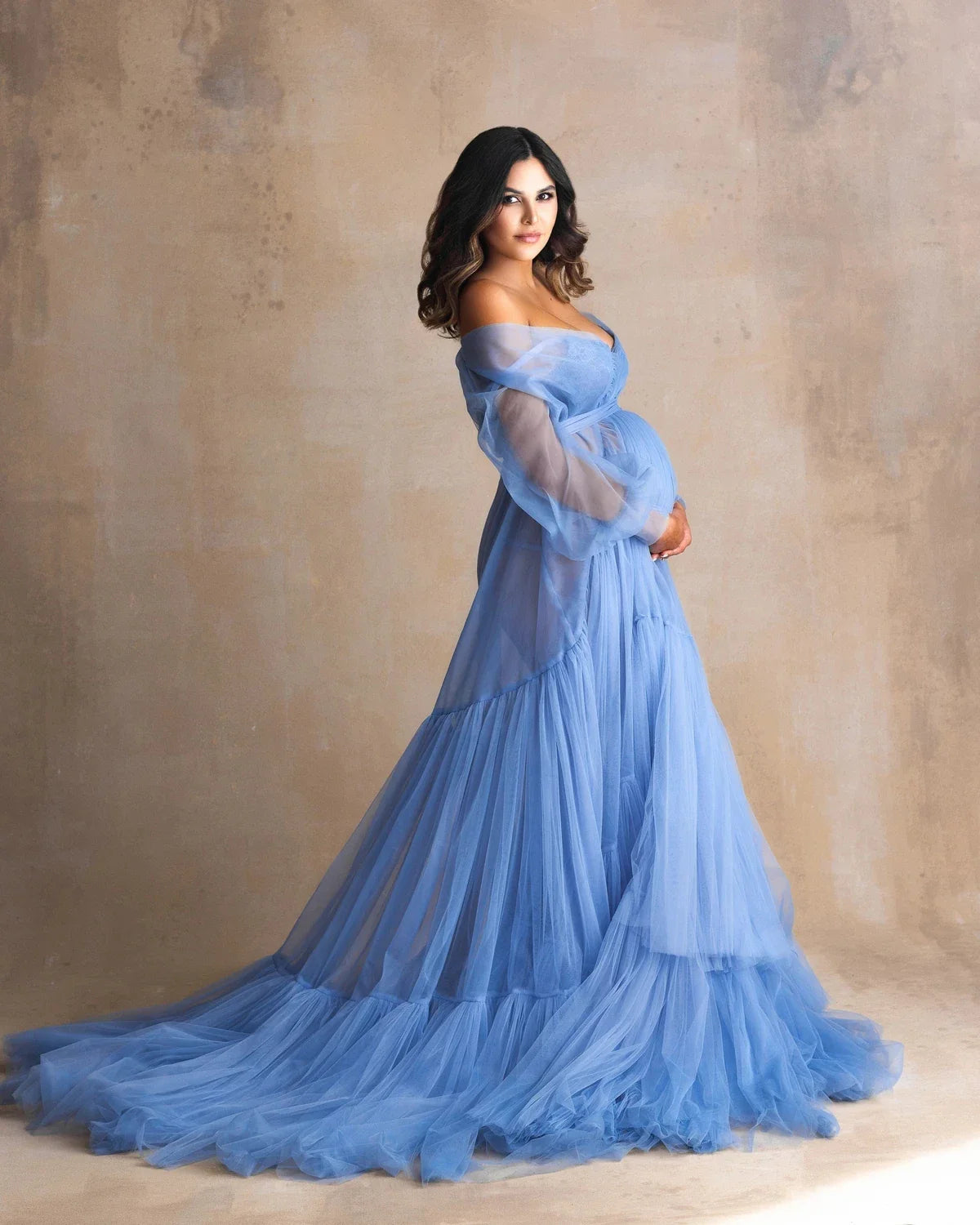 nvxiot Fluffy Blue Ruffle Tulle Maternity Dress for Photoshoot Off Shoulder Pregnancy Photography Dress Maternity Gown Robes with Sash