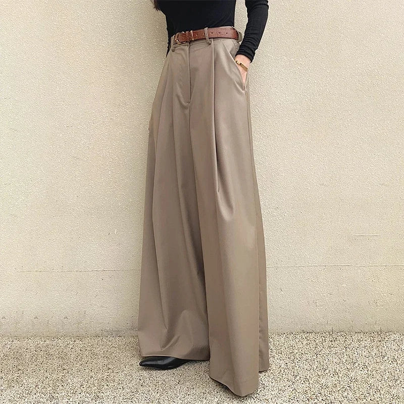 nvxiot - Korean Style Women Pleated Draped Trousers Chic High Waisted Loose Wide Leg Pants Office Ladies Solid Color Long Casual Pants