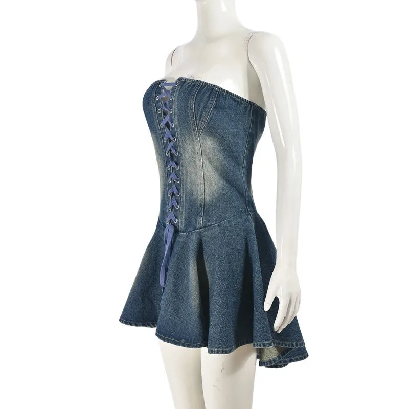 nvxiot - Women Fashion Grommet Lace Up Fit Flare Mini Denim Dress Sexy Strapless Zip-up Backless Ruffles Casual Jeans Streetwear Clubwear