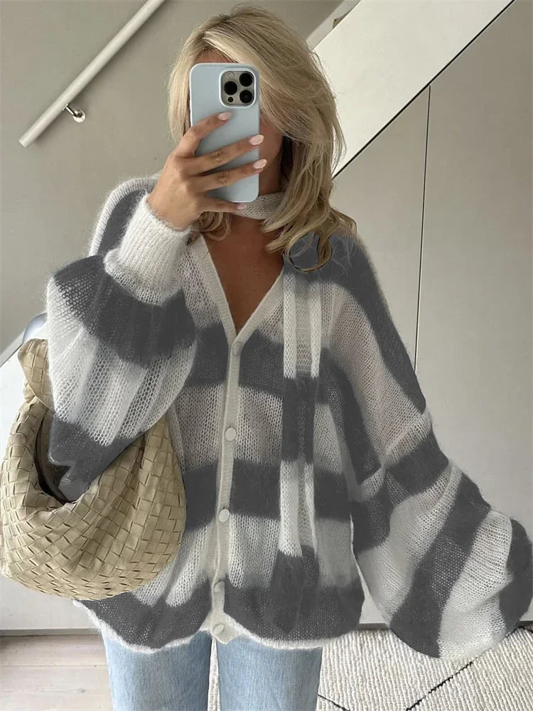 MQTIME - V-Neck Scarf Sweater Cardigan Female Contrast Casual Patchwork Autumn Hollow Out Outwear Women's Knitwear Coat Cardigan