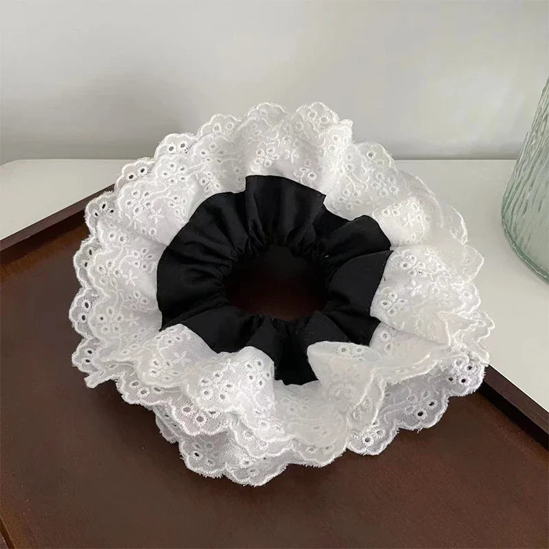 nvxiot - Retro Korean Flower Lace Scrunchies Four Layer Women Girls Exquisite Elastics Plaid Large Intestine Hair Holder Sweet INS Access
