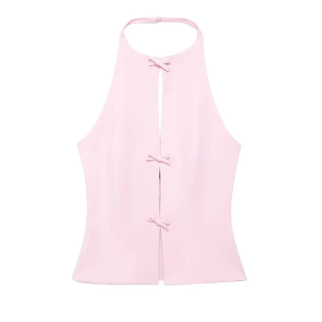 MQTIME - 2024 Summer Women's Gentle Bow-trimmed Vest Tops Halterneck Solid Off-shoulder Sleeveless O Neck Elegant Chic Tank Tops