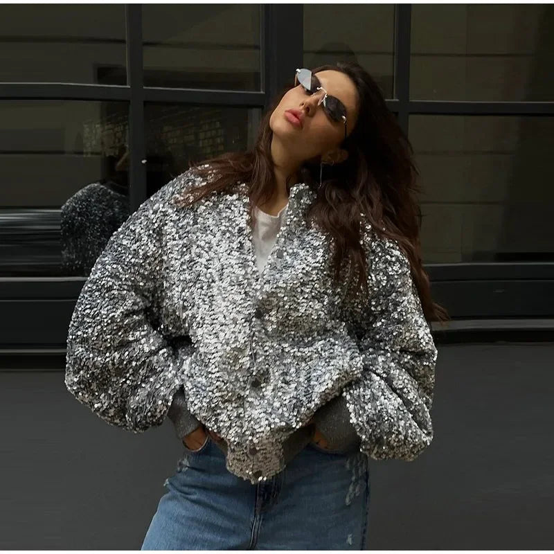 MQTIME - Sequin Bomber Jacket Women Long Sleeve V-neck Single Breasted Pocket Coat Female Autumn Winter Casual Fashion Y2K Streetwear