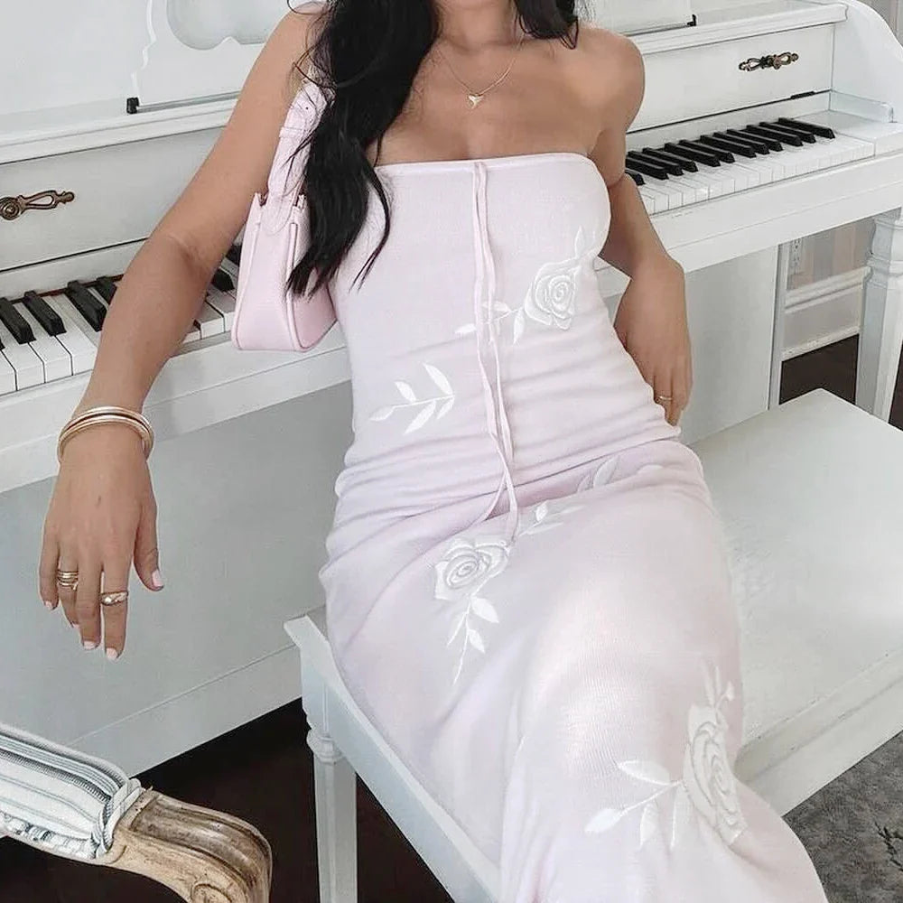 MQTIME - Floral Strapless Dress Chest Wrap Long Dresses Pink Lace-up Vestidos Backless Ankle Length Skirt Evening Dress for Party Banquet