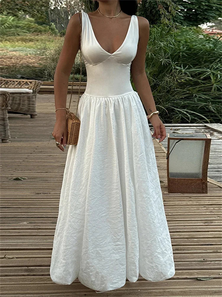 nvxiot - Fall Outfits 2024 Casual V-Neck Sexy Long Dress For Women Pleated Backless High Waist Patchwork Slim Party Dress Female Elegant Maxi Dress