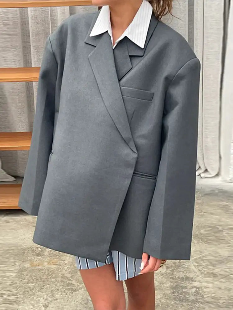 MQTIME - Chic Gray Lapel Button Suit Jacket For Women Elegant Loose Long Sleeves Office Coat 2024 New Female High Streetwear Outercoat