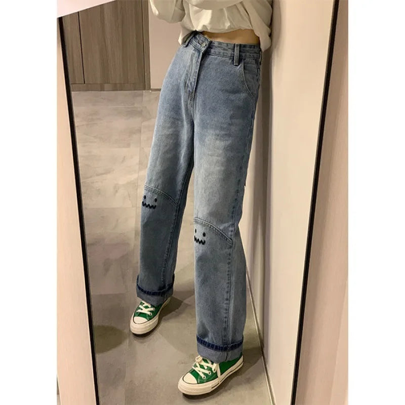 nvxiot Women jeans straight leg plus size loose floor length pants High waist casual straight leg women vintage commuter denim trousers