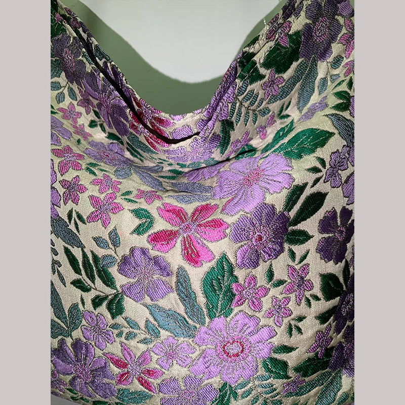 nvxiot - Shoulder Bags Soft Purple Literary Vintage Minority Design Office Lady Solid Color Tote Belt Chain Floral Printed Zipper Square