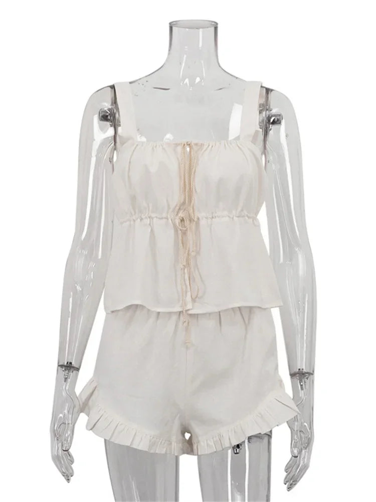 nvxiot - White Lace-Up 2 Piece-Set Shorts Female Slim Square Collar Backless Hollow Out Casual Ruffled Outfits Women's Shorts Sets