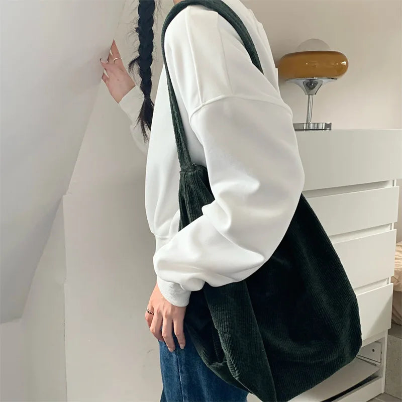 nvxiot Large Capacity Shoulder Bag Women Tote Corduroy Handbags for Female INS Fashion Big Bags Black/Beige/Red/Green/Khaki Solid Color