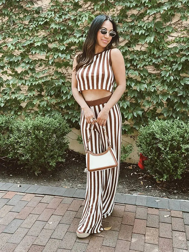 MQTIME - Fashion Striped Printed Sleeveless Women Tops Suits Casual O Neck Straight Pants Sets 2024 New Chic Female Office Outfits
