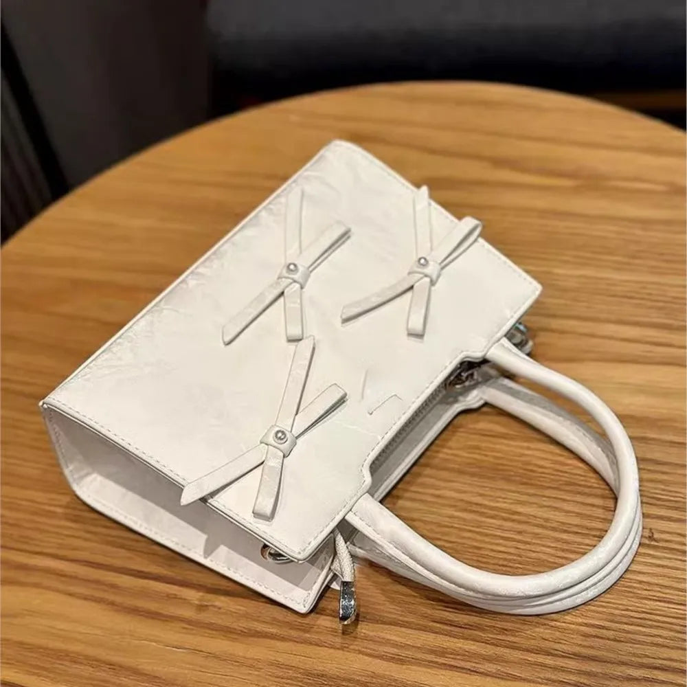 nvxiot - Hot Girls Bow White Mini Tote Bag Women Sweet Cool Bow Chic Leather Y2k Hand Bag Ladies Harajuku Aesthetic Messenger Bag