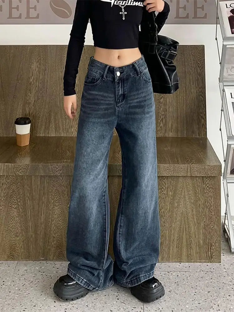 nvxiot - Vintage Blue Jeans Women Streetwear Casual Baggy Pants Wide Leg Korean Fashion Basic Denim Trousers High Street