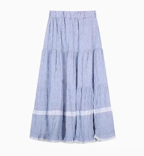 MQTIME - Elastic Waist Cotton Plaid Skirt with White Lace Hem Midi Long Skirts Women Summer #e-girl fairycore 2000s aesthetic korean cute