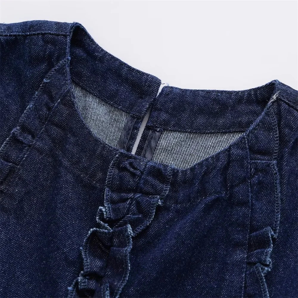 MQTIME - 2024 Summer New Product Women's Style Loose Fit Round Neck Sleeveless Solid Wood Ear Edge Denim Top