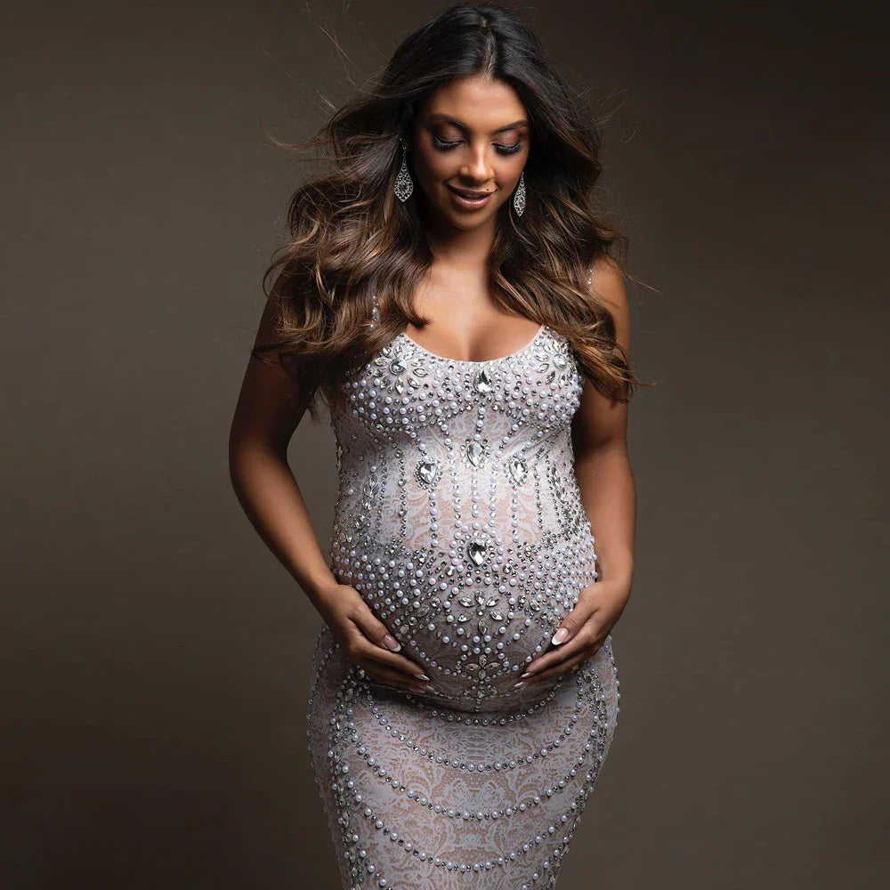 nvxiot - Sexy see-through Stretch Maternity Dress Photography Gown Shiny Goddess Rhinestones Pearls Luxurious Dress For Photo Shoot Props