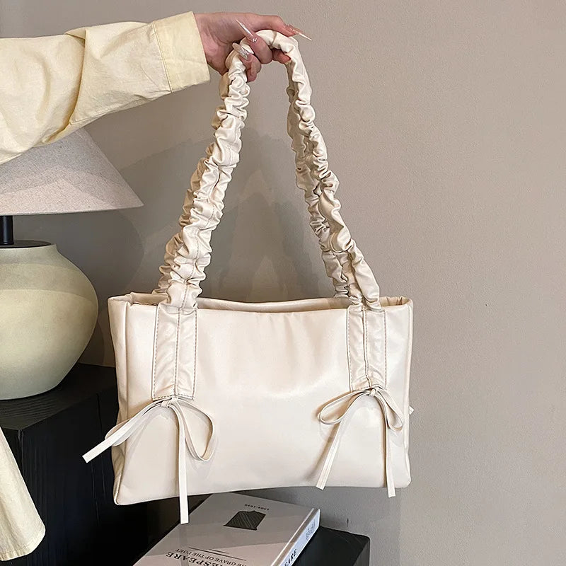 MQTIME - Pink Blue White Bow Pu Handbags Fashion Simple Big Capacity Casual Shoulder Bags For Women Trendy Daily Party Tote Handbags 2024