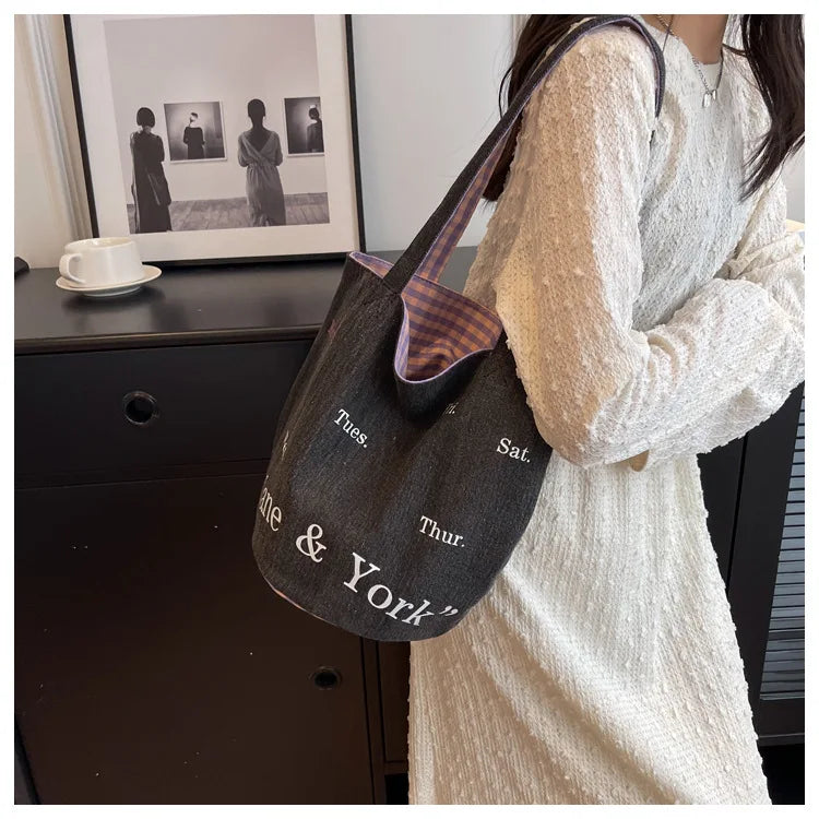 MQTIME - Vintage Denim Bucket Bag Women New Letter Print Chic Large Capacity Shoulder Tote Bag Ladies Harajuku Casual Handbag Y2k