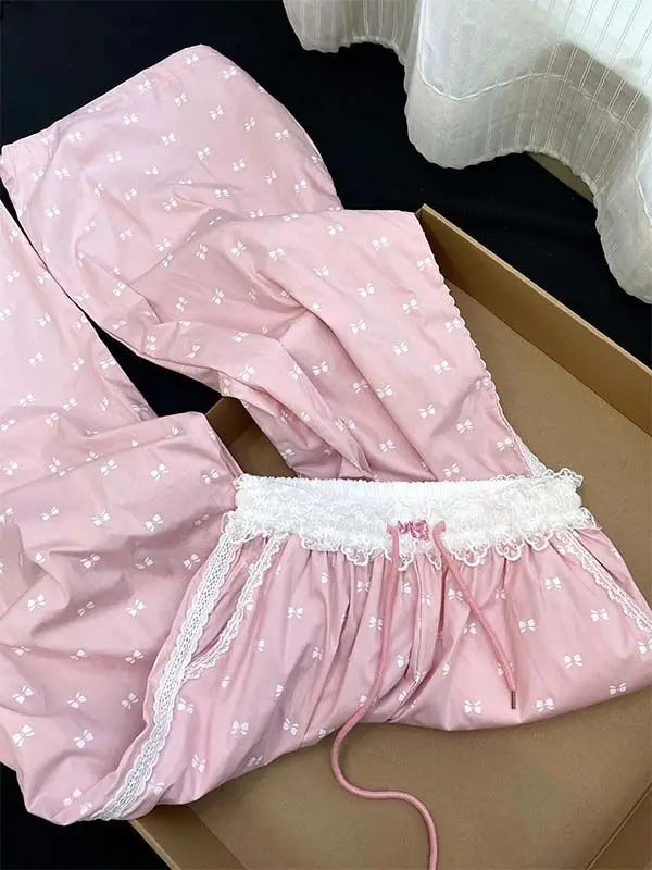 MQTIME - Summer Thin Pants White Lace Drawstring Elastic Waistband Bow Print Jogger Pant Women 2024 tracksuit korean woman clothing y2k