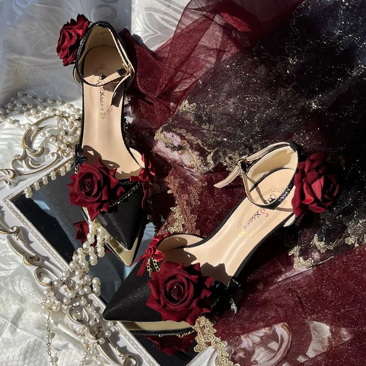 MQTIME - Black Red Gothic Lolita Shoe Wedding Lolita High Heels For Ladies Rose pointed toe dress shoes for womenluxury shoes sss grade