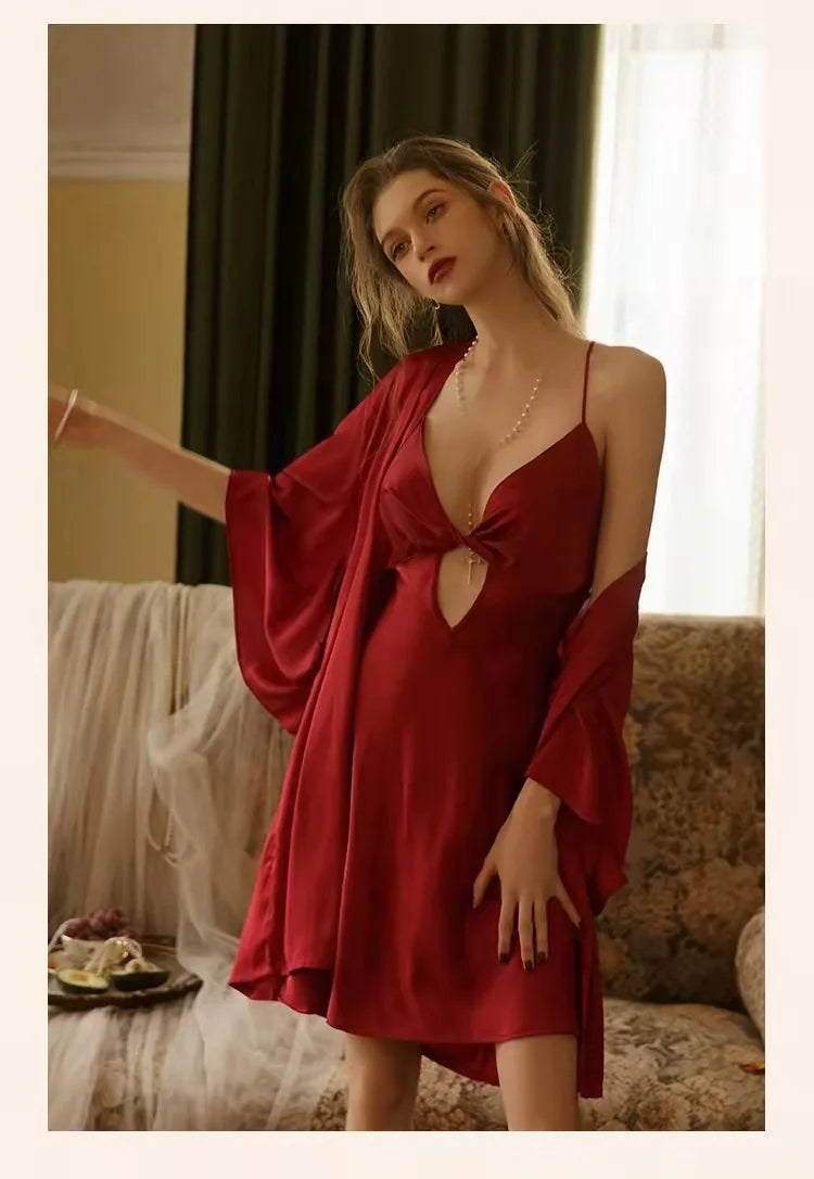 MQTIME - Summer Women White Satin Robe & Gown Sets Sexy Sleep Lounge Nightwear With Chest Pads Bathrobe+Sling Nightdress