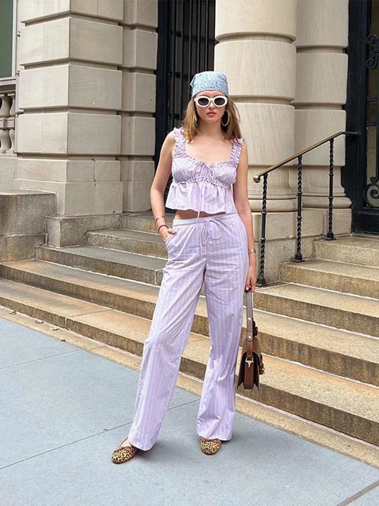 MQTIME - Striped Lace Up Women Trouser Suits Sleeveless Backless Ruffles Strap Crop Top High Waist Pants 2024 Summer New Chic Lady Sets