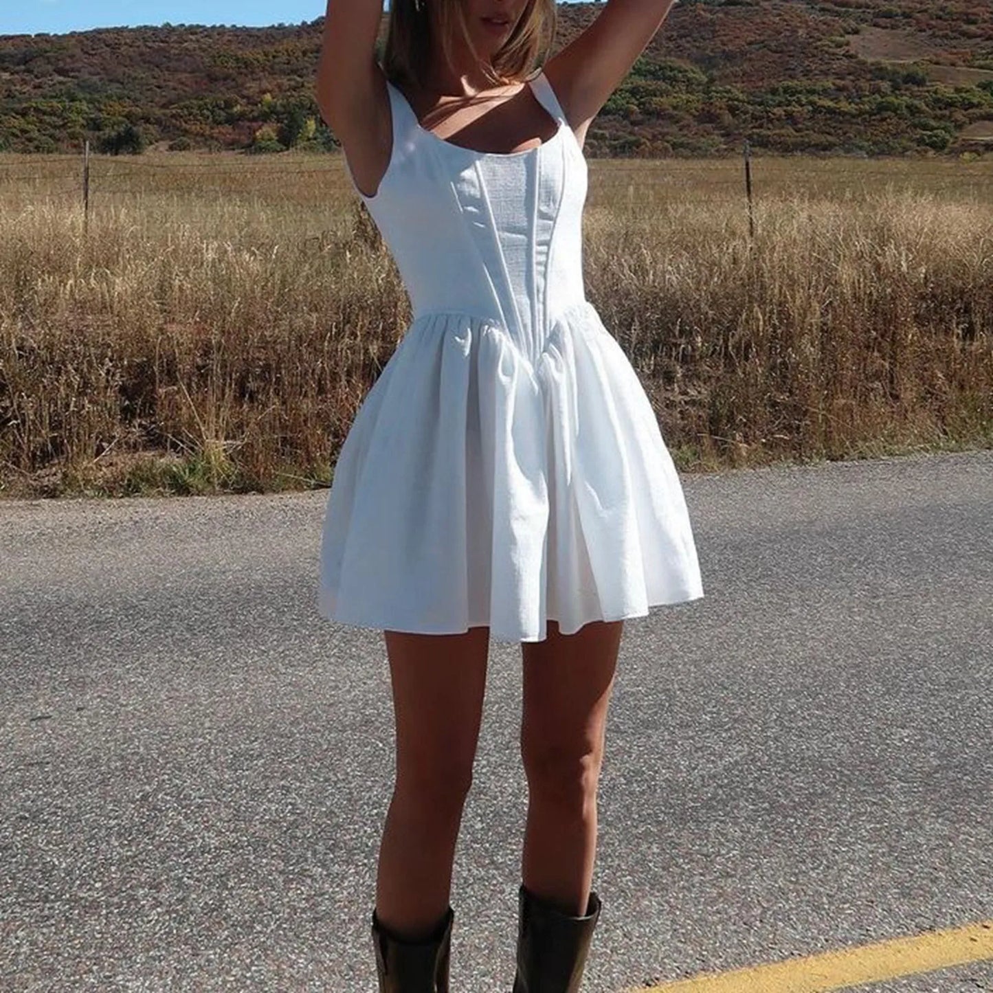 MQTIME - Summer Backless White Corset Fishbone Mini Dresses Women Sexy Tunic Waist Swing Birthday Dress Female Holiday Party Dresses