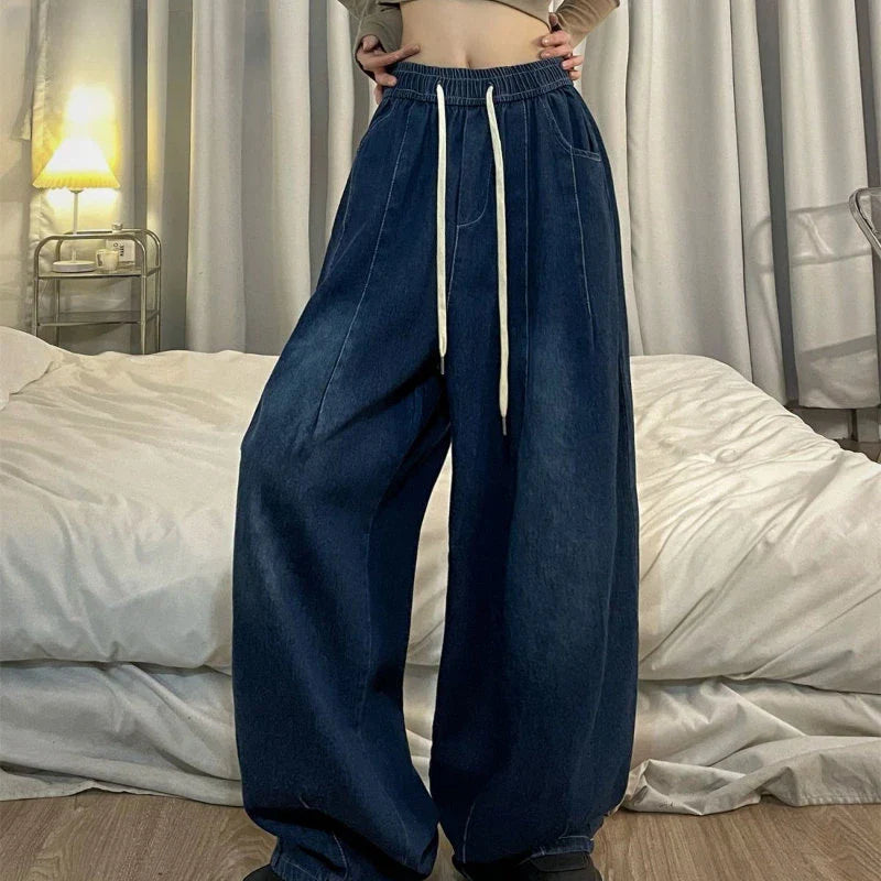 nvxiot - Elastic Waist Oversized American Trouser Denim Wide Leg Streetwear Straight Basic Pants Y2k Spring Women Vintage Baggy Jeans