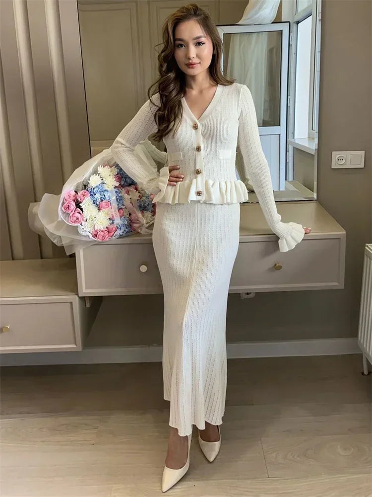 nvxiot - Ruffled Fashion Knit Maxi Dress Women's 2 Piece-Set V-Neck Hollow Out Patchwork Elegant Party Dress Female Knitwear Dress