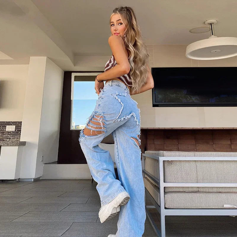MQTIME - Women Ripped Casual Straight Denim Pants 2024 Baggy Jeans Five Pointed Star Patchwork High Waist Hole Jeans Streetwear Trousers
