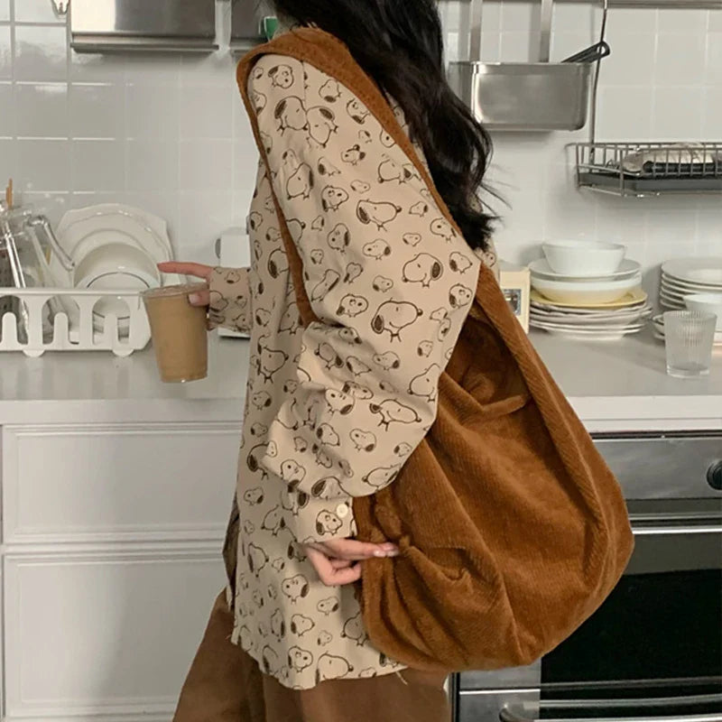 nvxiot Large Capacity Shoulder Bag Women Tote Corduroy Handbags for Female INS Fashion Big Bags Black/Beige/Red/Green/Khaki Solid Color