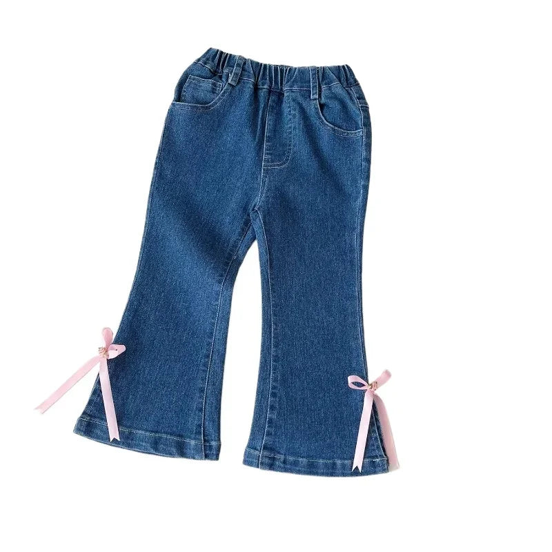 MQTIME - Girls Jeans Autumn Spring Bow Kids Denim Pants Fashion Korean Fall Children Casual Trousers Baby Girl Flared Trousers 2-7Yrs