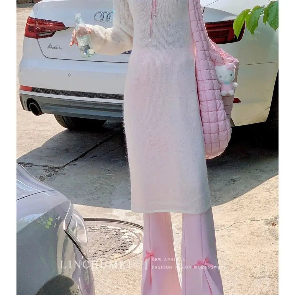MQTIME - Elastic Waistband Straight Cute Cotton Pink Pant with Bow Trouser #y2k e-girl fairycore 2000s aesthetic korean clothing summer