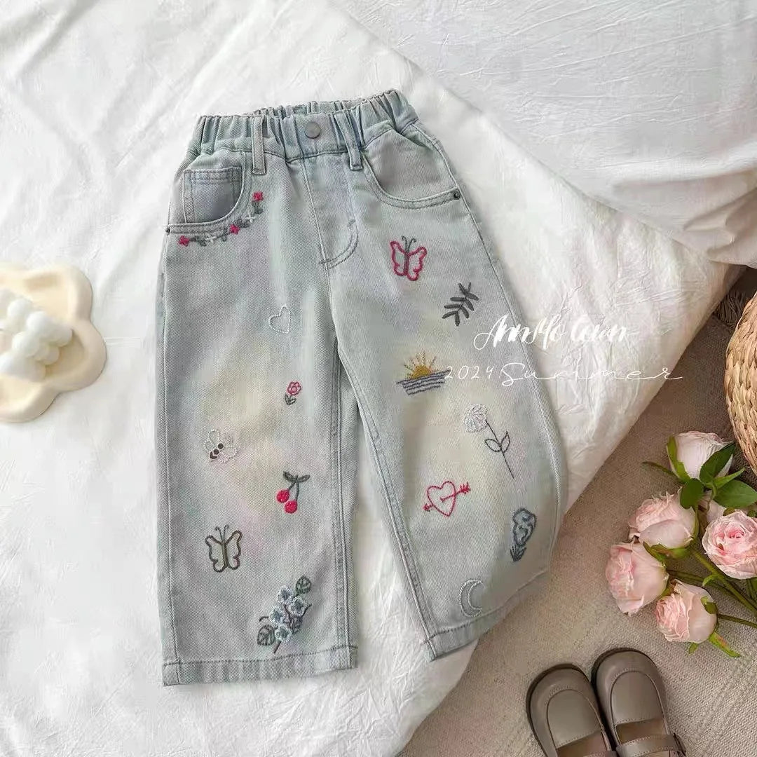 nvxiot - Summer Graffiti Babys Girl Jeans Korean Loose Embroidery Little Girl Denim Pants Elastic Waist Gradient Kids Girl Straight Pants