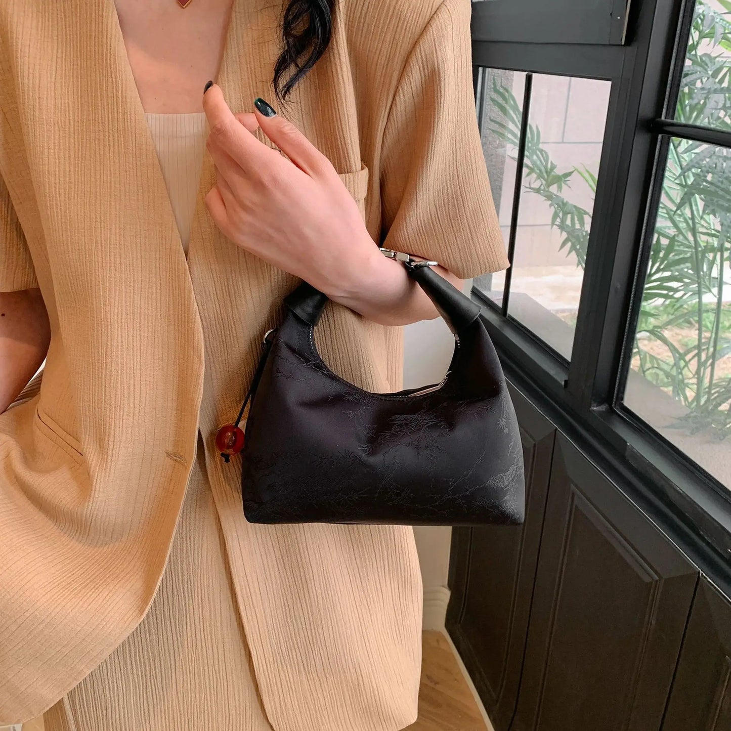 nvxiot - Trendy Beaded Handbags Vintage Fashion Chinese Style Small Tote Bags For Women Simple Silver Color Chain Shoulder Bag Crossbody