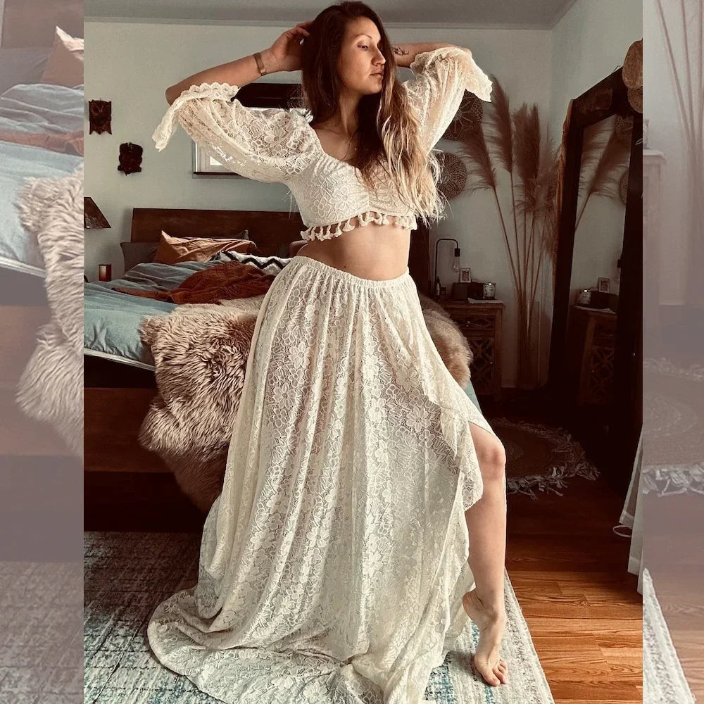 nvxiot - Sexy Boho Maternity Photography Props Dress Hollow Lace Two Piece Set Split Dress Pregnant Dress Baby Shower Dress
