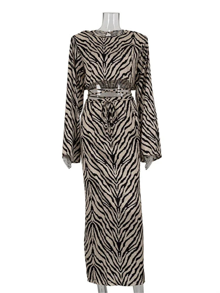 nvxiot - Zebra Printed 2 Piece-Set Long Skirt For Women Striped Lace-Up Cropped Top And High Waist Fashion Maxi Skirt Outfits 2024