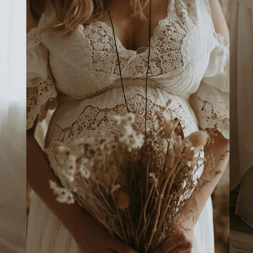 nvxiot - Maternity Photography Props Dress V-neck Embroidered Cotton Lace&Chiffon Dress Photo Shoot Photography Dress For Women
