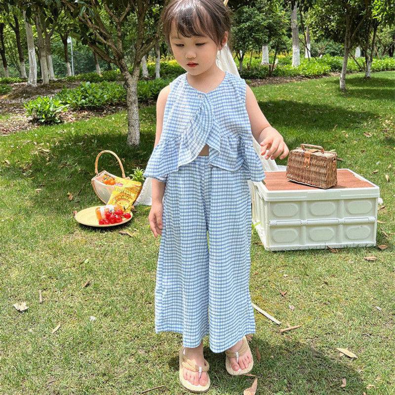 nvxiot 2pc Girls Clothing Set Summer Girls Cute Ruffles Plaid Vest Tops And Wide Long Pants Trousers Set With Pant Children Clothes