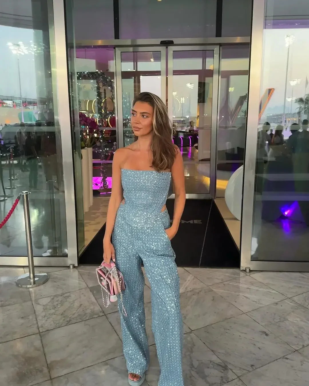 MQTIME - Fashion Sequins Denim Set Women Strapless Tunic Waist Crop Top and Wide Leg Pant Suit 2024 New 2 Piece Sets Outfits Tracksuit