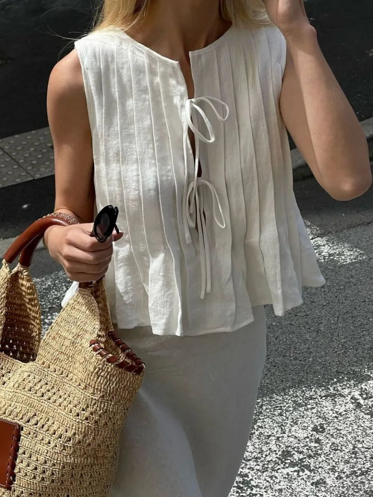 nvxiot - White Cotton Linen Shirt for Women Elegant Sexy Sleeveless Lace Up Blouse Summer Fashion Pleated Causal Holiday Shirts 2024