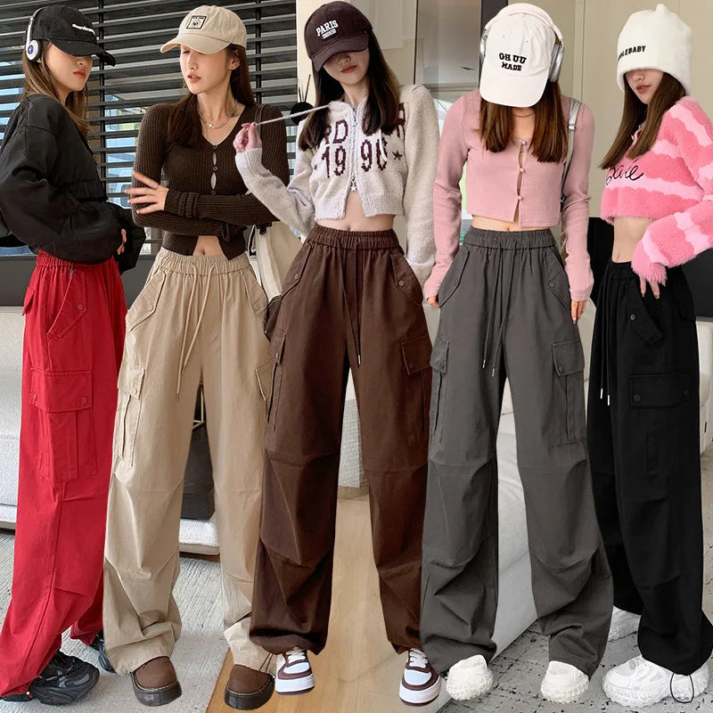 nvxiot Women cargo pants Autumn Winter New Elastic High Waist Wide Leg Casual Pants y2k Women American Loose Sports Parachute trousers