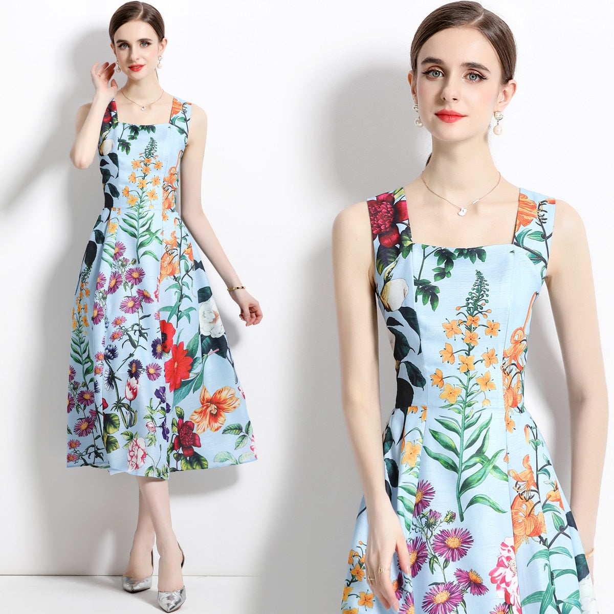 nvxiot Runway Dress Women Summer Flower Dresses Female Beach Straps Ruffles Sundress Lemons Fruits Print Floral Maxi Dress